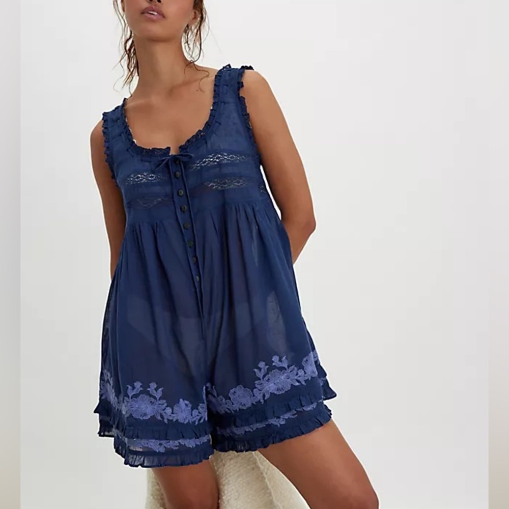 NWOT Free People Navy Blue Lace Trim Romper